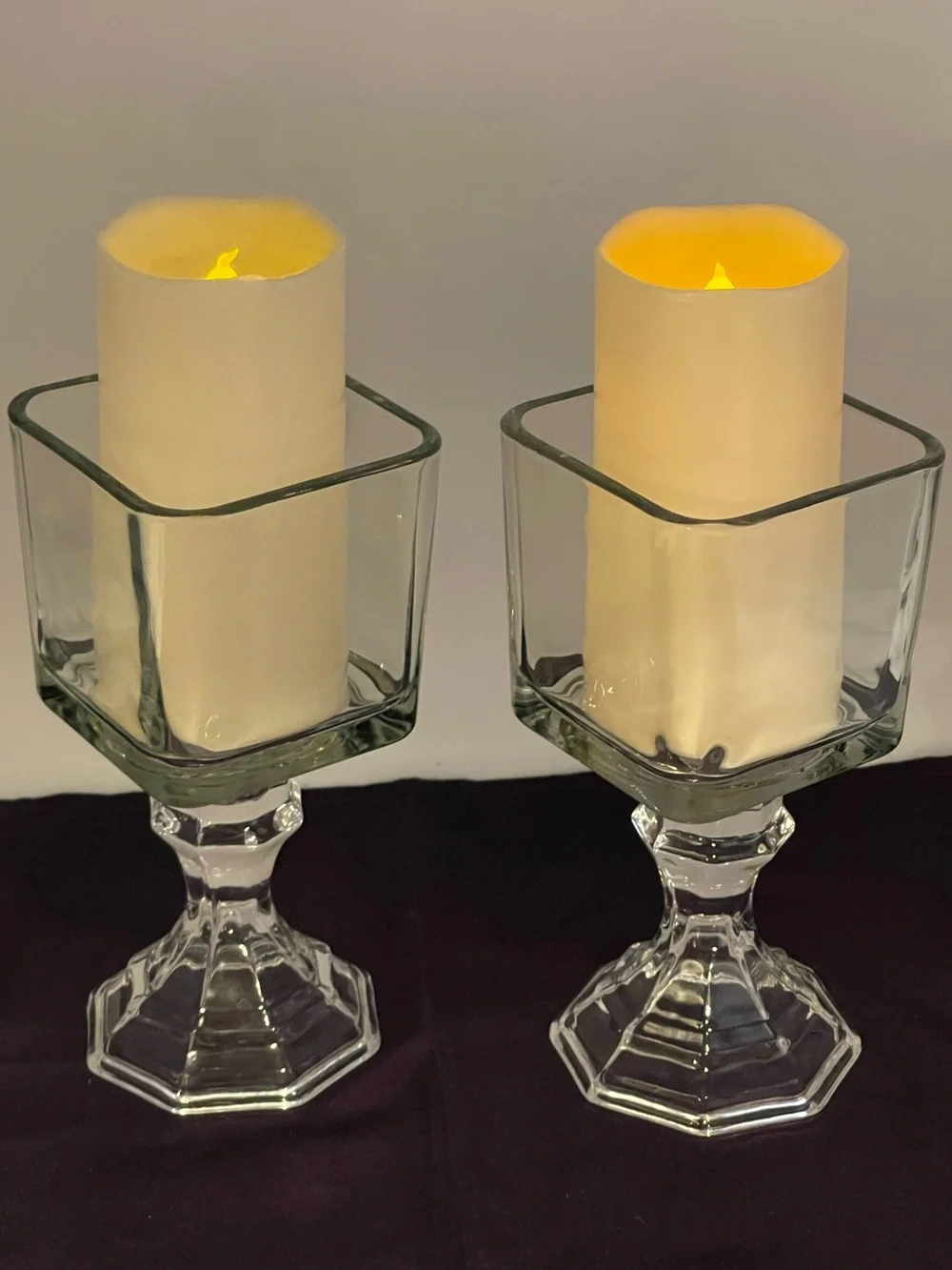 Vintage Pressed Glass Candle Holders Square Top Hexagonal Stem Pedestal Set of 2
